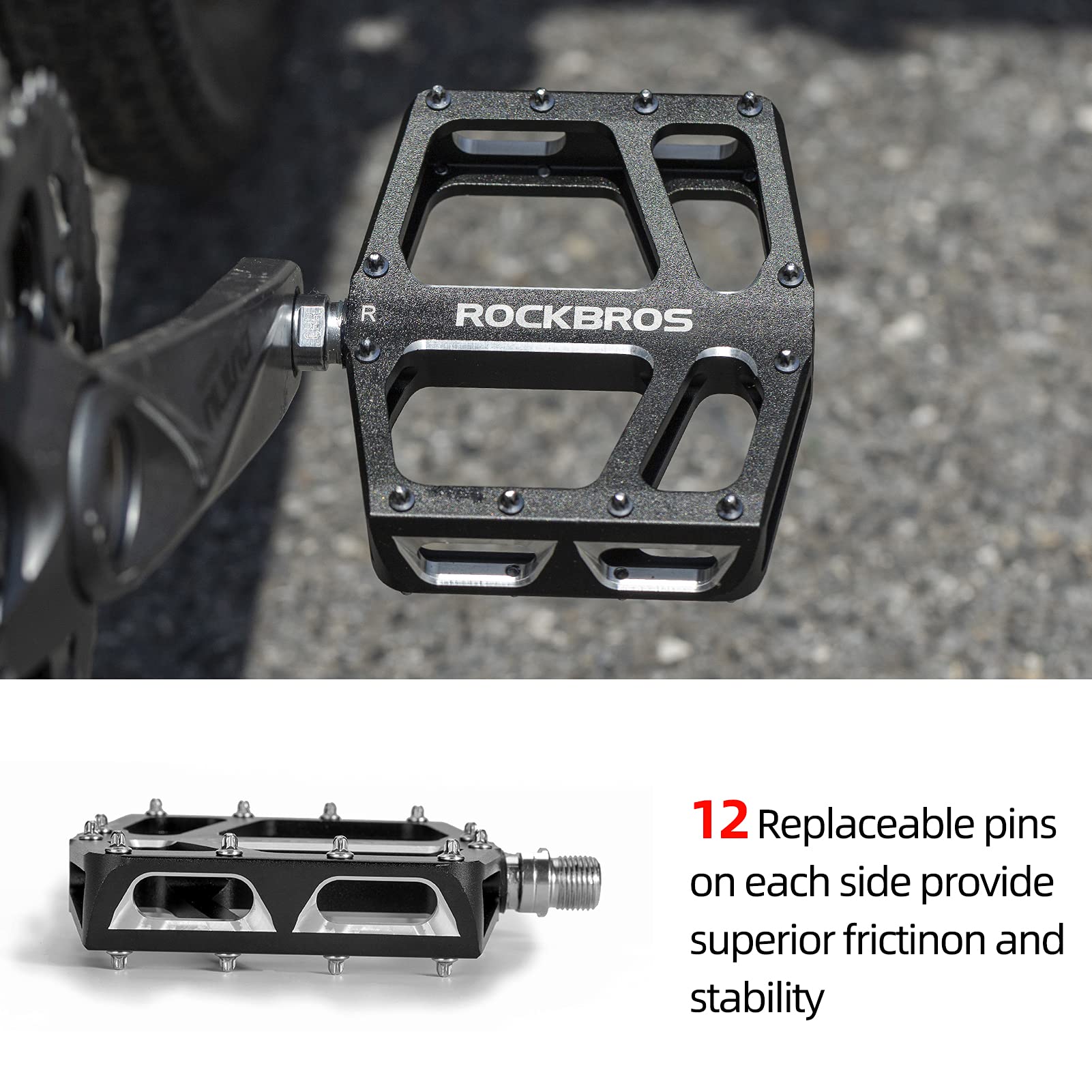 ROCKBROS Aluminum Wide Platform Mountain Bike Pedals with Grippy Pins - ROCKBROS
