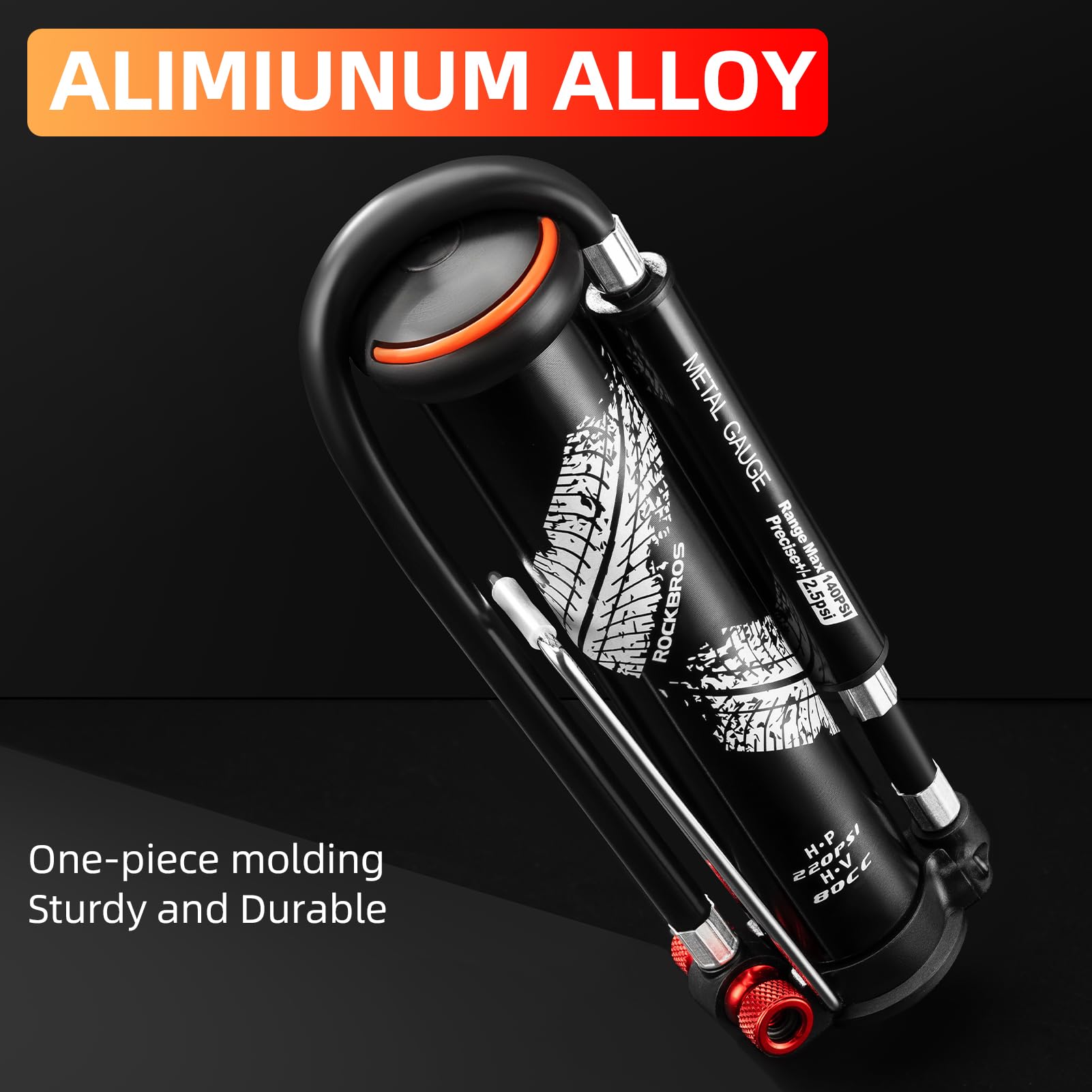 ROCKBROS Mini Bike Tire Pump Portable with Hidden Pressure Gauge Fits Valves 220PSI - ROCKBROS