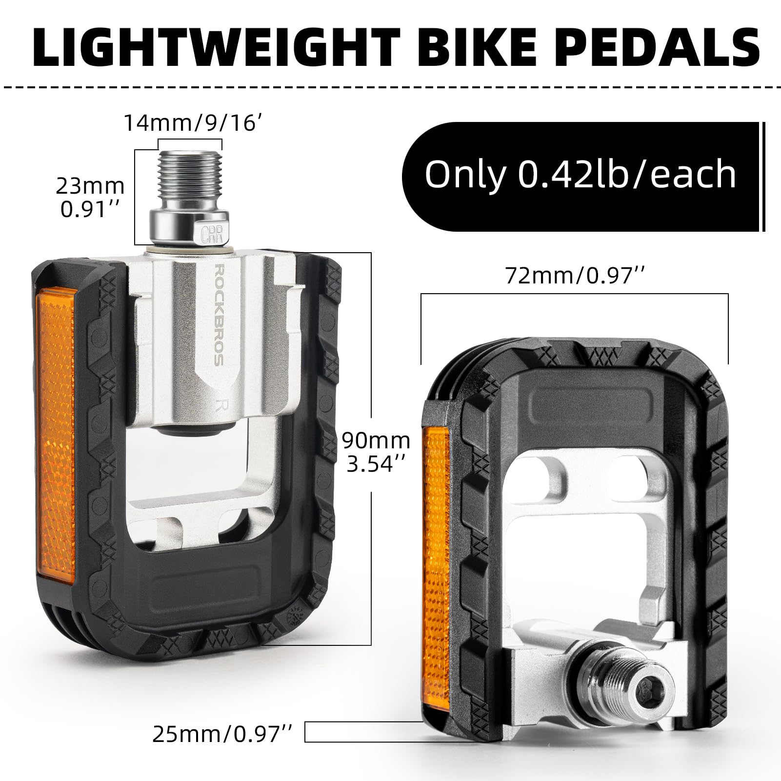 ROCKBROS Aluminum Alloy Foldable Bike Pedals 9/16 with Lightweight Reflective Strips Non-Slip - ROCKBROS