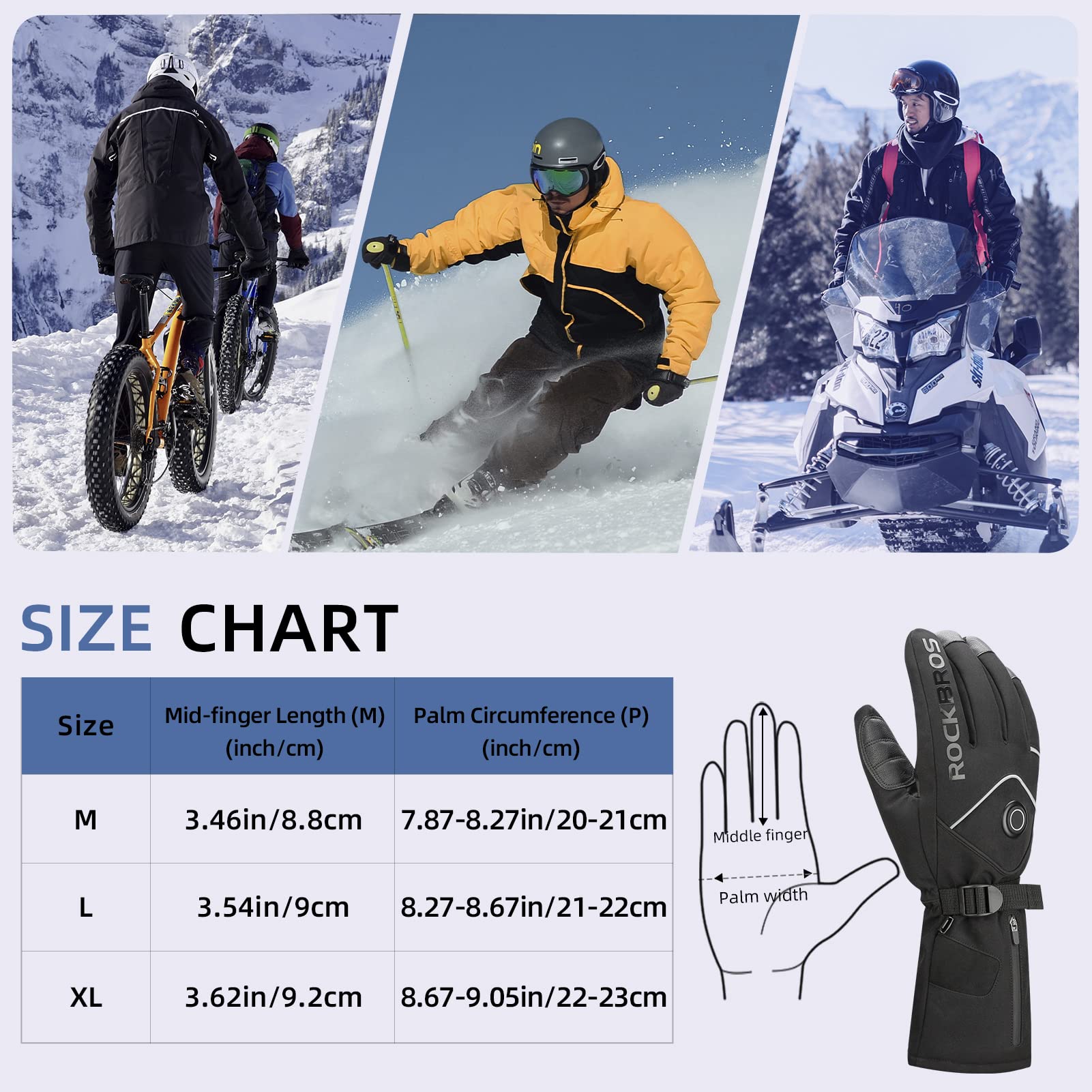ROCKBROS Heated Gloves, Rechargeable Winter Touchscreen Gloves for Cycling, Skiing, Motorcycling