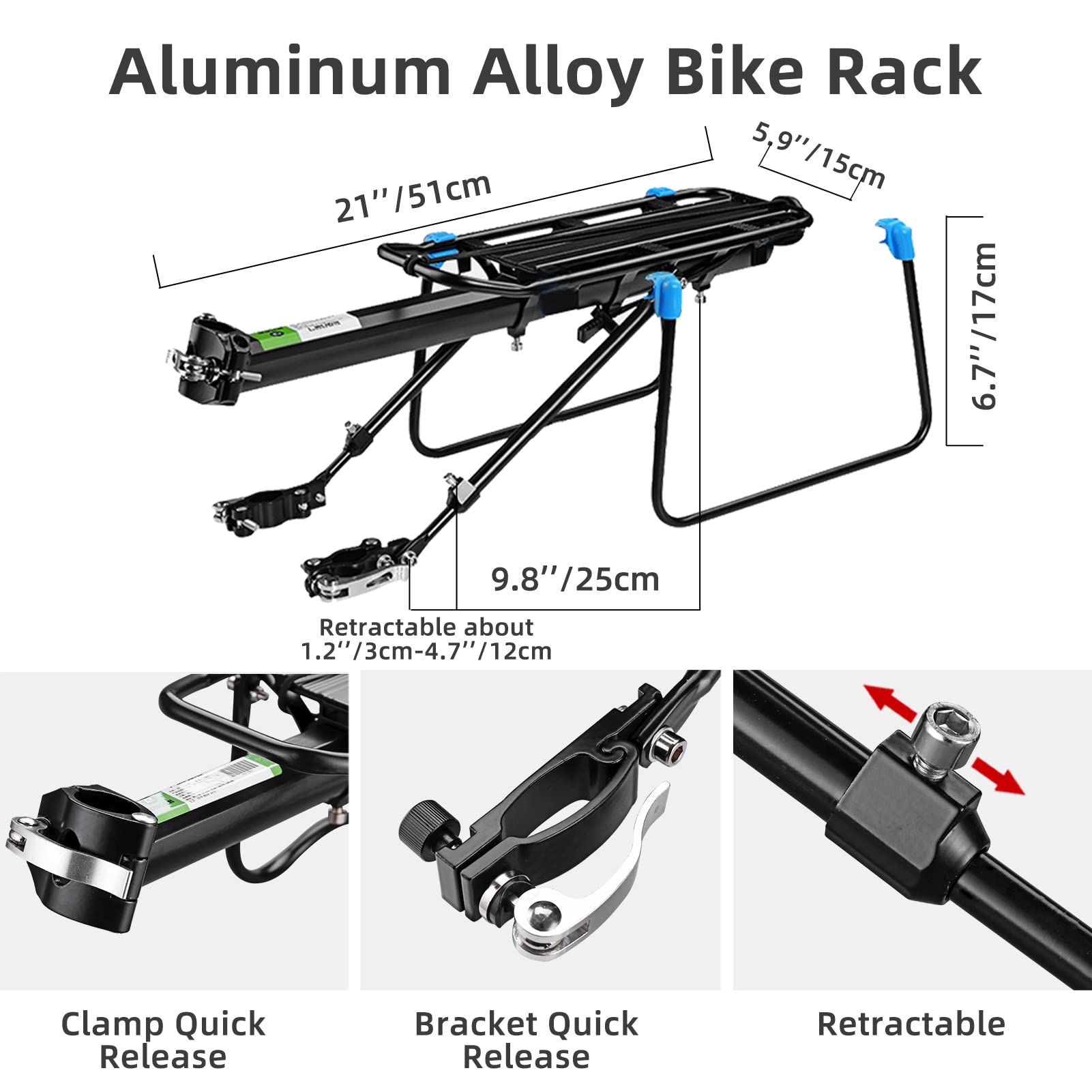 ROCKBROS Quick Release Rear Bike Rack, Aluminum Alloy Cargo Rack for Mountain Bikes