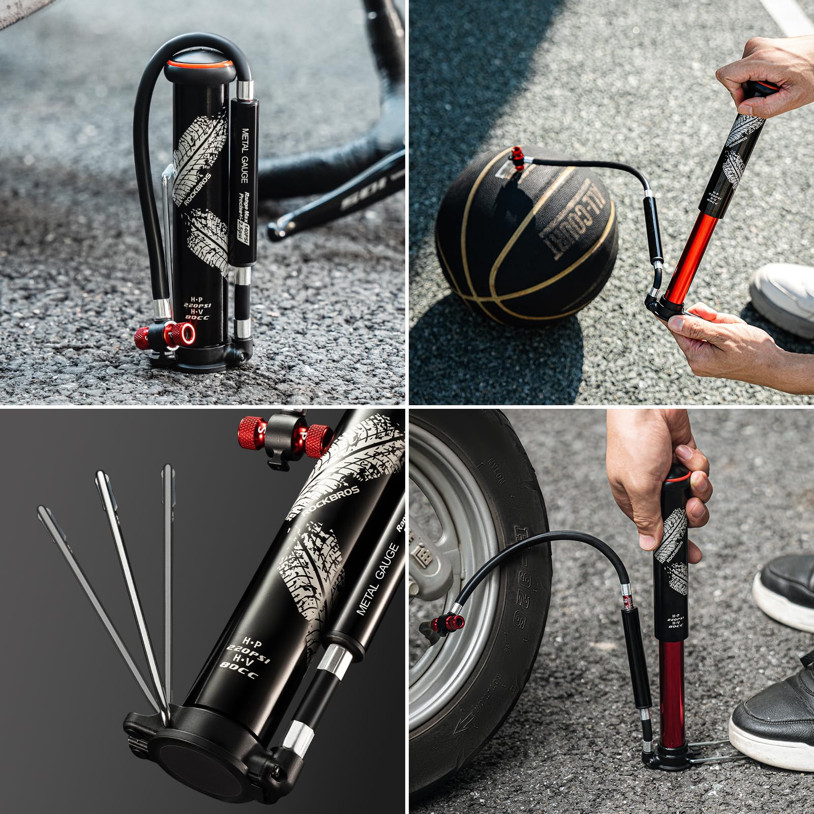 ROCKBROS Mini Bike Tire Pump Portable with Hidden Pressure Gauge Fits Valves 220PSI - ROCKBROS