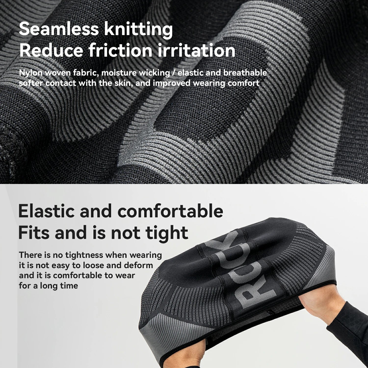 Gray cycling glove with text about seamless knitting and comfort