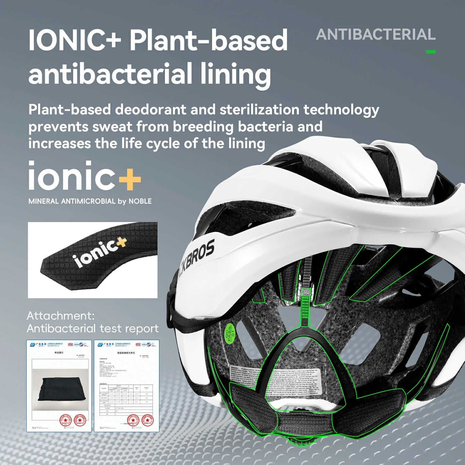 White and black bicycle helmet shown from the inside with green line highlights, alongside text about ionic+ plant-based antibacterial lining and a small inset showing the black lining with the ionic+ label.