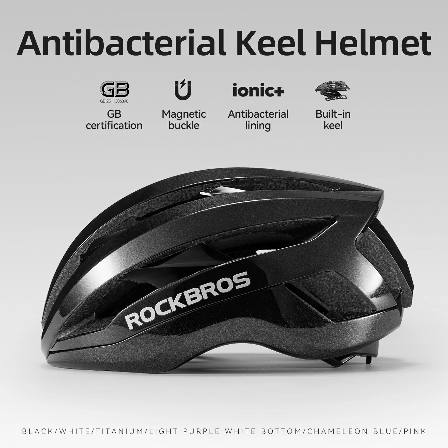 Black helmet with 'RockBros' branding on a light gray background
