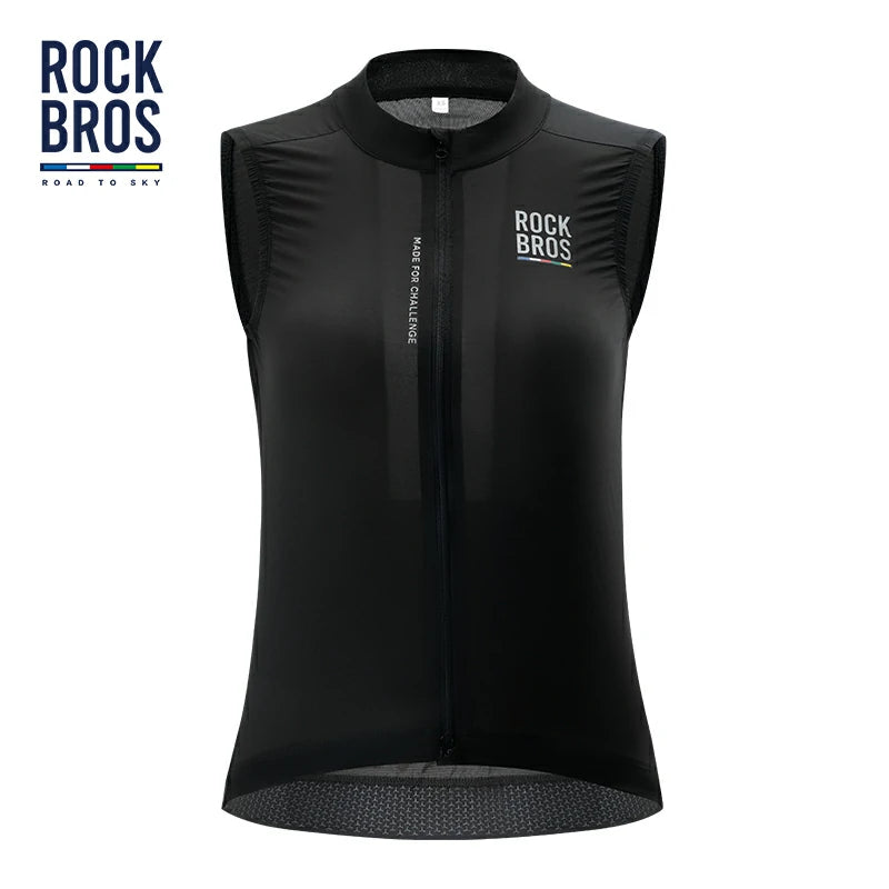 Black sleeveless cycling jacket with 'Rock Bros' branding on a white background #color_black