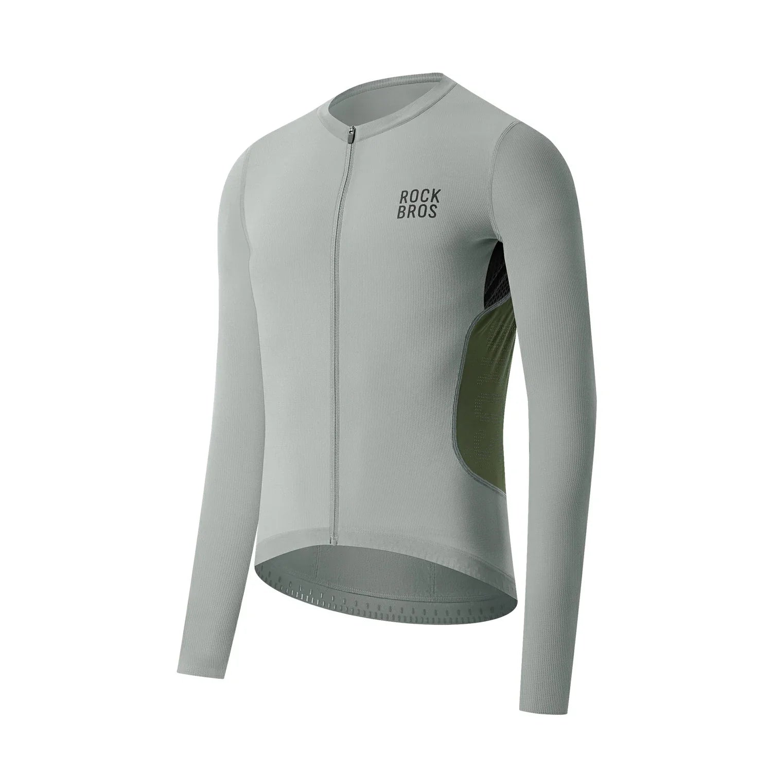 A long-sleeve cycling jersey in a light gray color with a dark green side panel and a black 'ROCKBROS' logo on the chest, shown on a plain white background. #Color_Gray