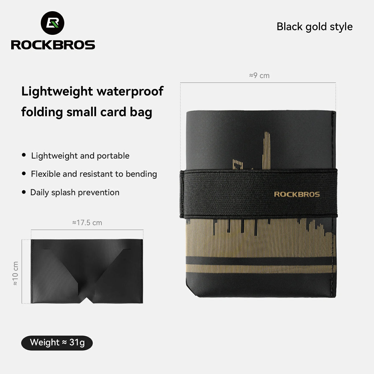 Rockbros lightweight waterproof folding small card bag in black and gold, shown with dimension annotations, weight of 31g, and product features on a light gray background. #Color_Gold