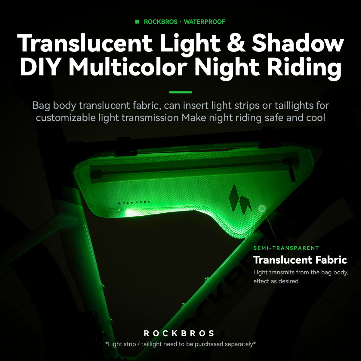 Rockbros bicycle bag illuminated in a green glow, showcasing translucent light and shadow effects on a dark background with product text overlays.