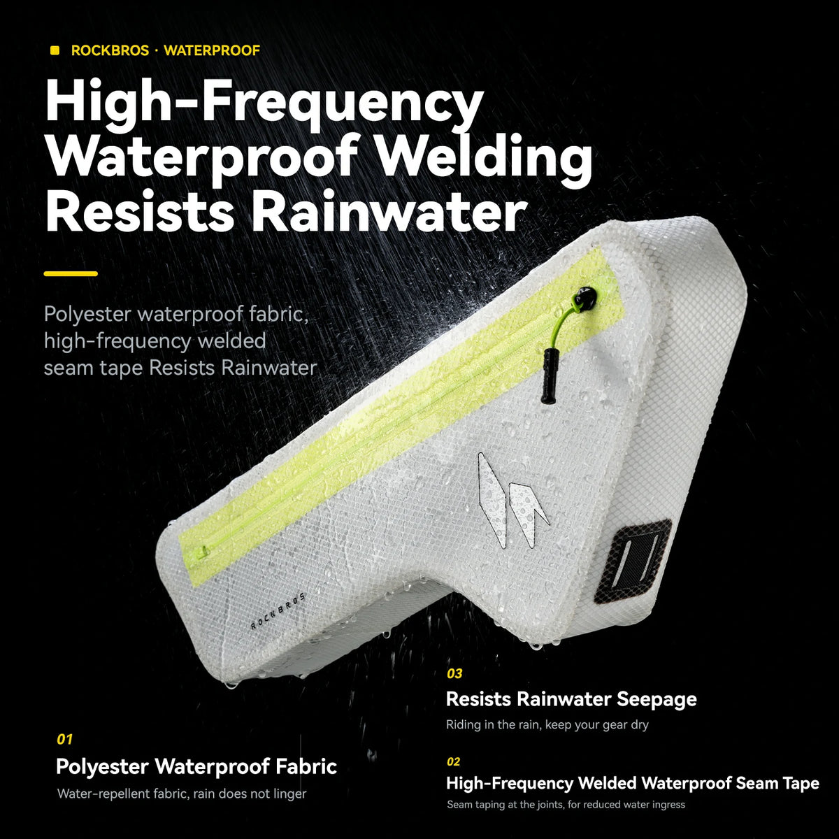 Rockbros waterproof bicycle bag shown on a black background with text explaining high-frequency waterproof welding and rainwater resistance. The bag is white with a bright yellow-green waterproof strip and a small black valve.