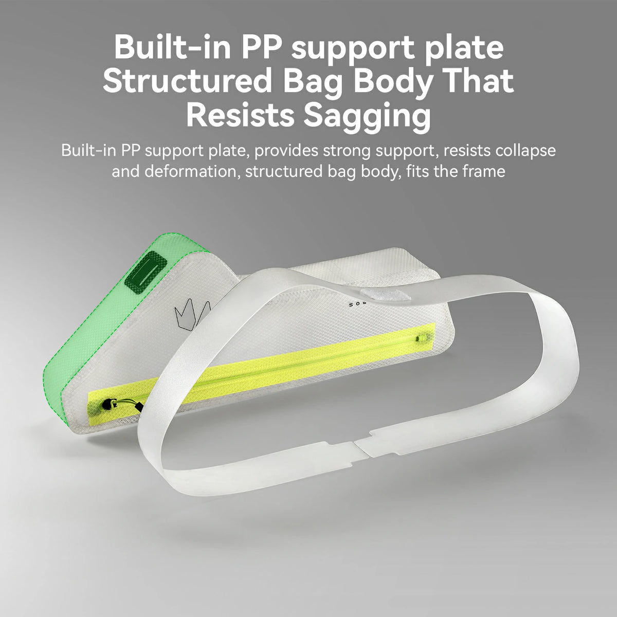 A structured bag or headband-like accessory with a white strap and a translucent white body, shown on a gray background with marketing text about a built-in PP support plate.