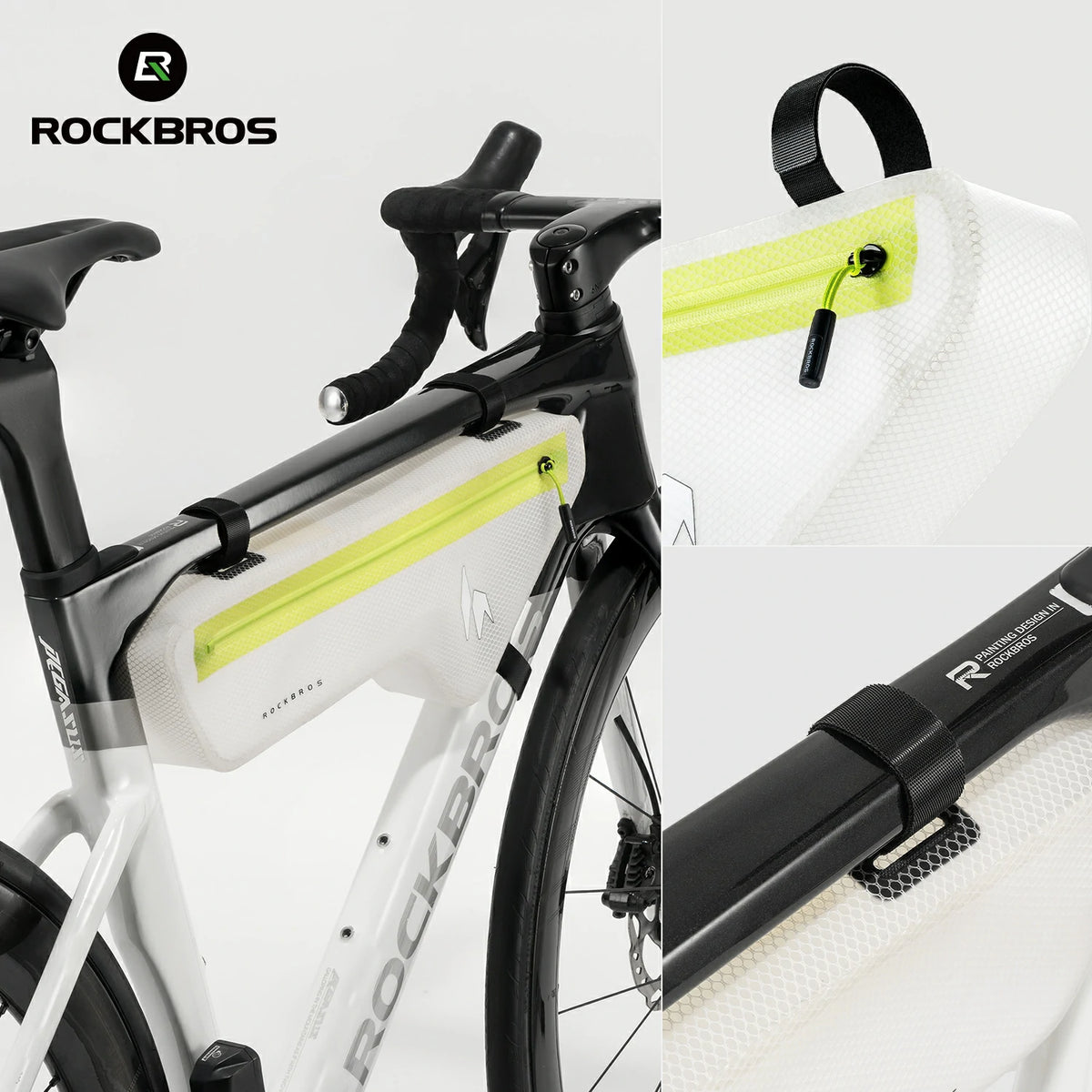 Rockbros bicycle frame bag in white and neon yellow-green, shown mounted on a road bike with close-up detail views of the zipper, handlebar clip, and mounting strap.