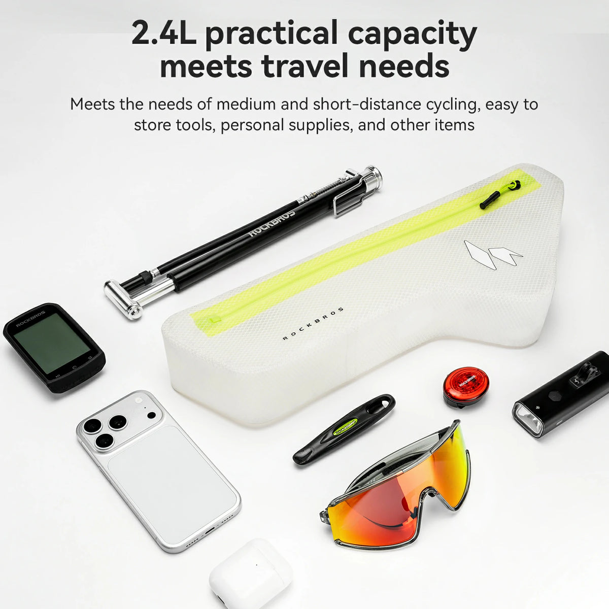 A white curved bike helmet organizer pouch with a neon yellow-green zipper lies on a white background, surrounded by cycling accessories including a phone, sunglasses, a computer, a pen, a small tool, and earbuds case. Text at the top reads '2.