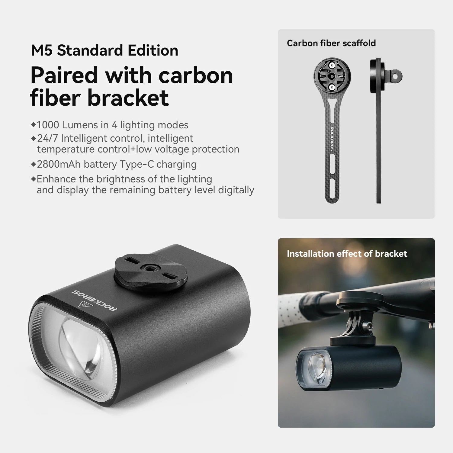 Promotional graphic for a black bicycle headlight labeled 'M5 Standard Edition' paired with a carbon fiber bracket. The layout includes a main product photo, text describing features, a small inset labeled 'Carbon fiber scaffold' showing the bracket, and an inset labeled 'Installation effect of bracket' demonstrating the bracket mounted on a bike handlebar. #Color_Standard+carbon fiber bracket