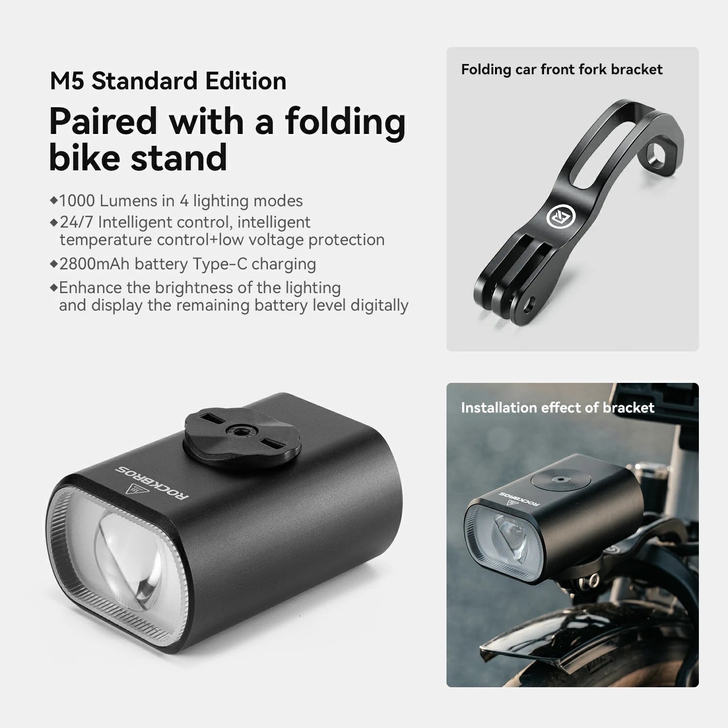 A promotional product graphic for a black bicycle headlight labeled 'M5 Standard Edition' with inset photos showing a folding bike stand and the headlight mounted on a bike. Text highlights 1000 lumens, 4 lighting modes, smart temperature control, low voltage protection, 2800mAh battery charging, and digital battery level display. #Color_Standard+folding bike bracket