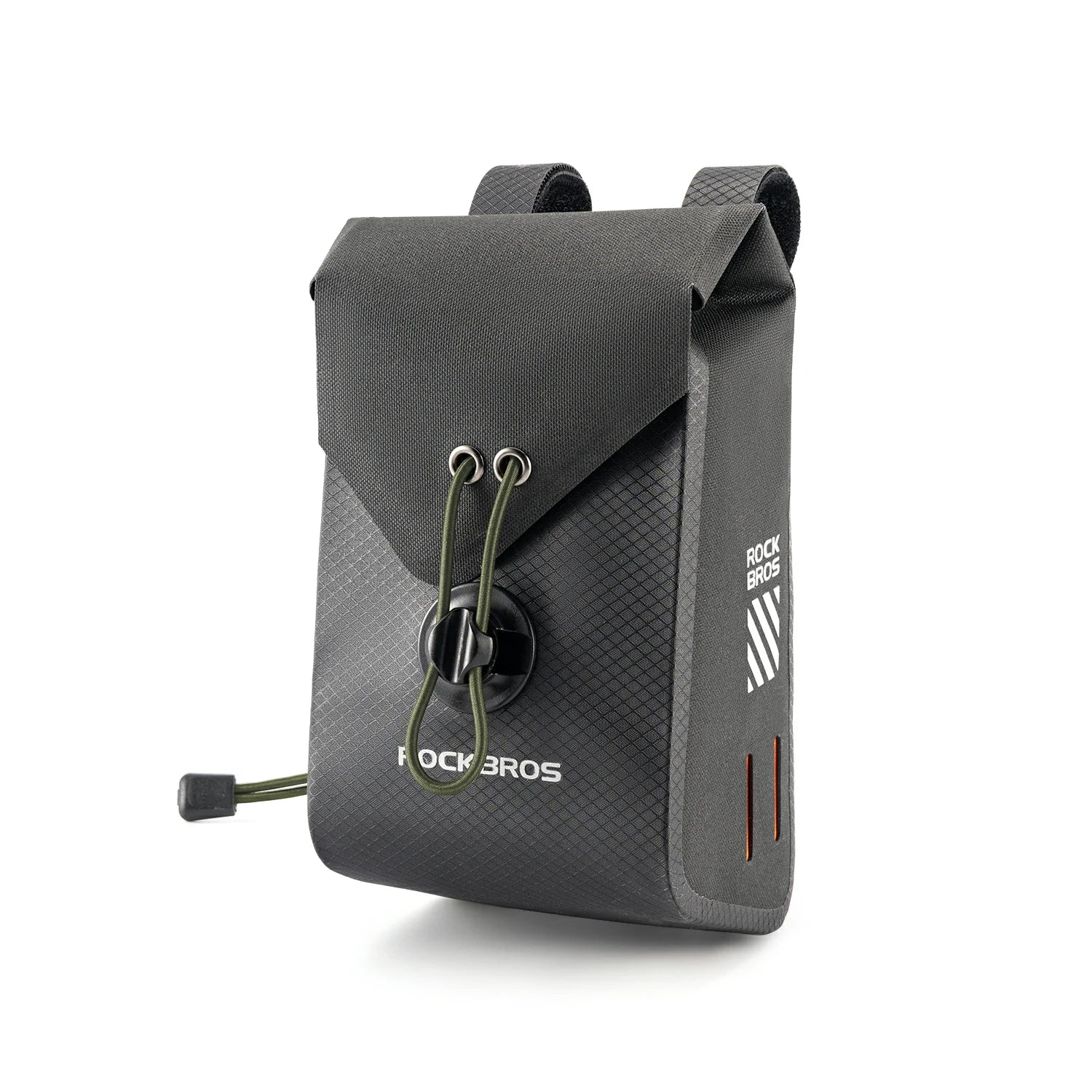 A dark gray Rockbros backpacking pouch with a textured lower half, a solid upper flap, and olive green drawstring details, shown on a clean white background.