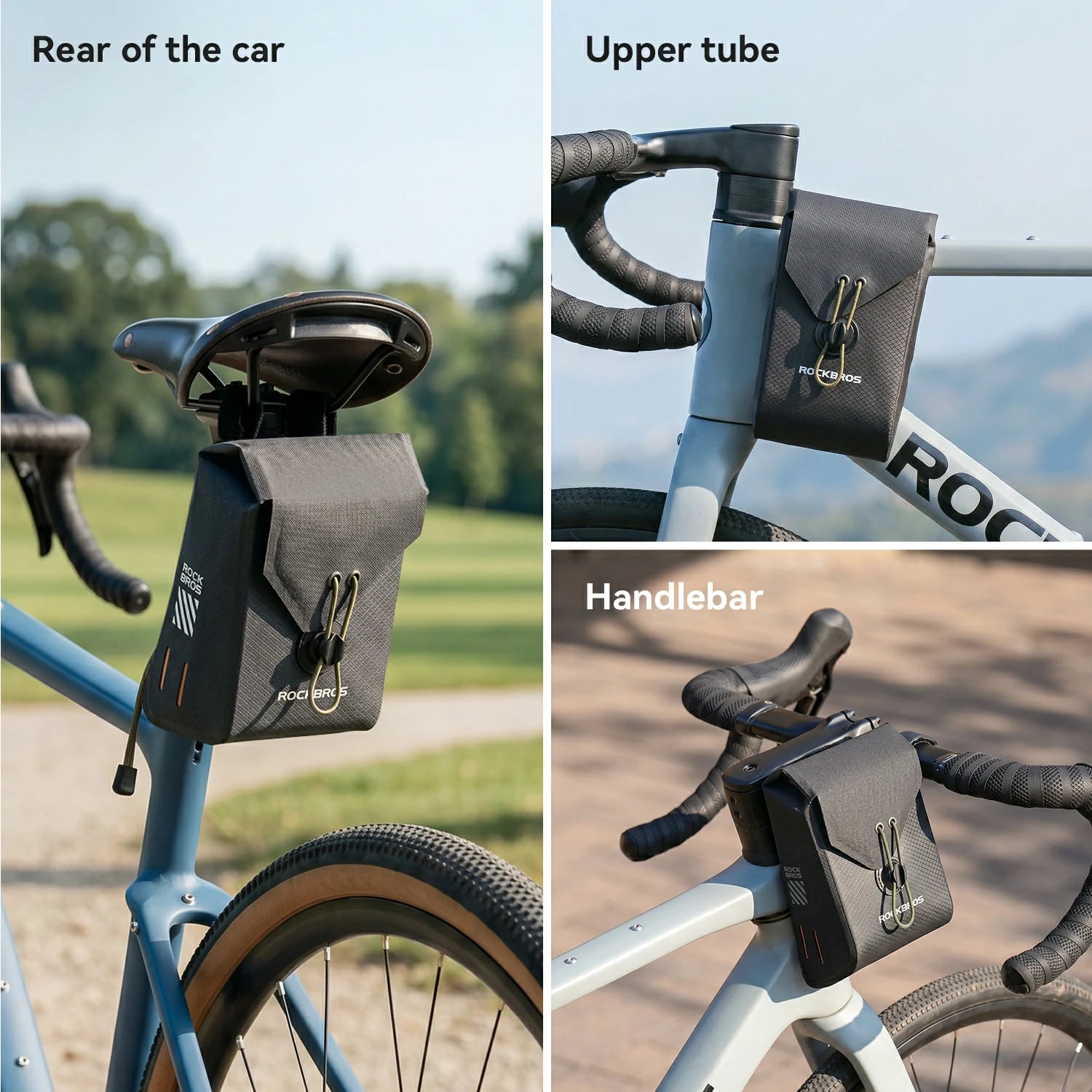 A collage showing a black bicycle bag mounted on different parts of a road bike: rear of the car, upper tube, and handlebar. The bag is dark gray with black straps and small orange and white branding details.