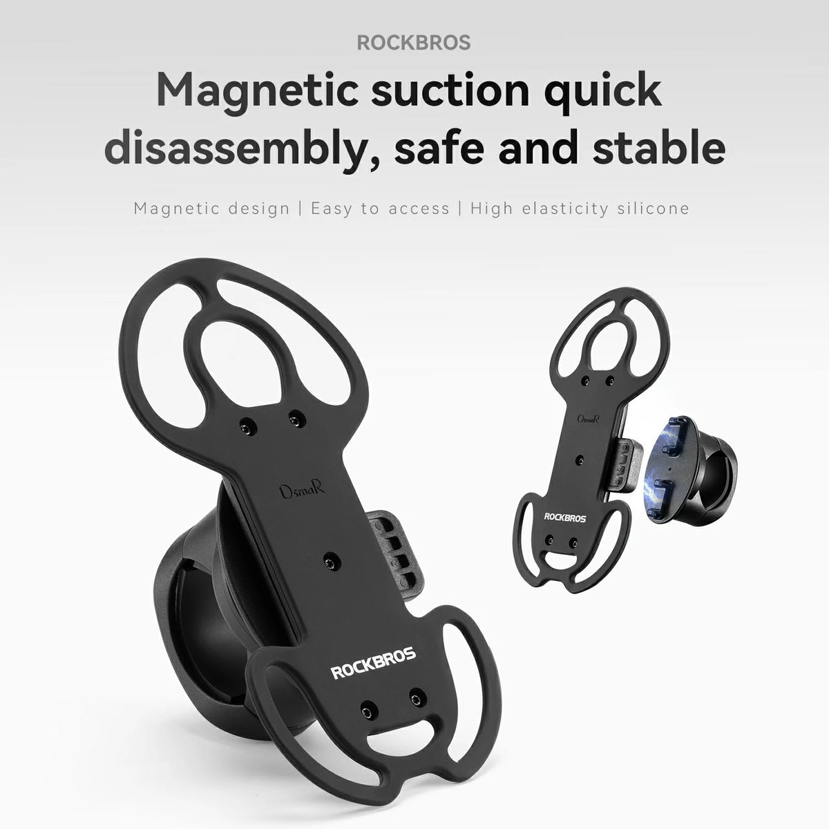 Black Rockbros double-handle bicycle chain guard with magnetic disassembly feature, shown on a light gray background with product text and a smaller inset view showing the magnetic release mechanism.