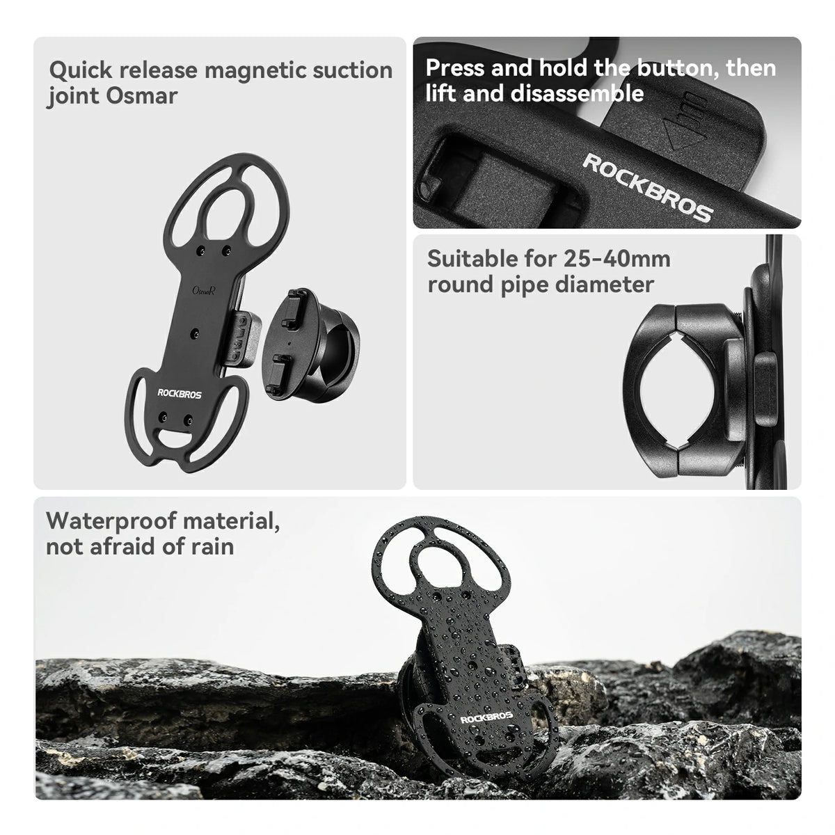 Three-panel product feature graphic for a ROCKBROS magnetic suction joint. The top-left panel shows the black clamp-like product with a release button and text about quick release magnetic suction joint Osmar.