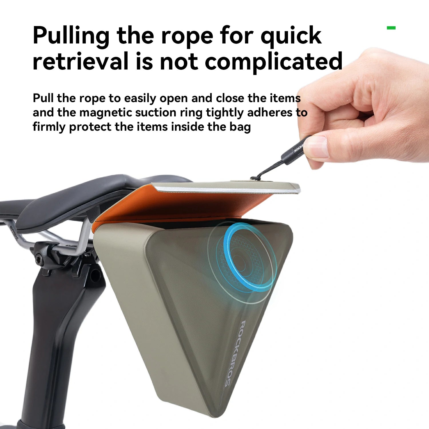 Hand using a tool to open a triangular bag with a magnetic suction ring, text on quick retrieval.