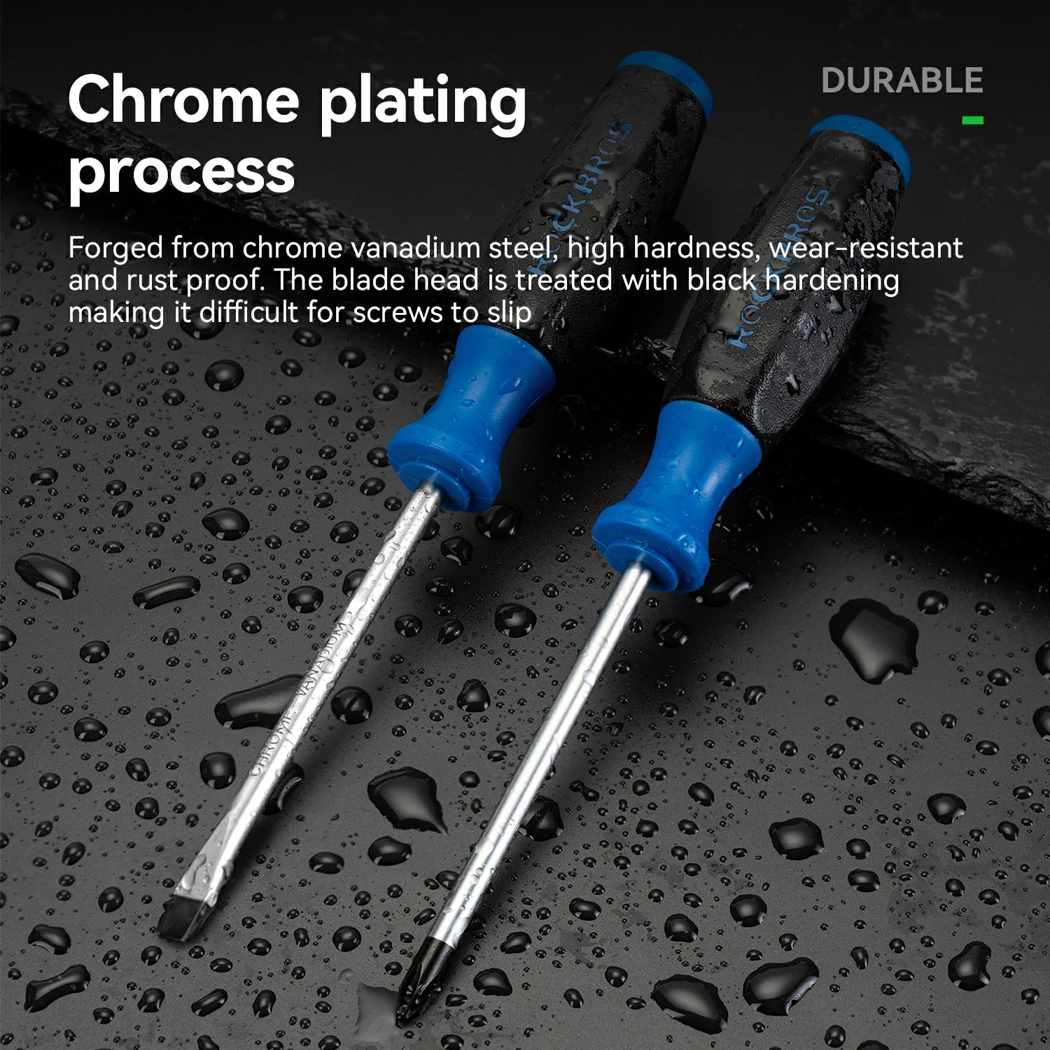 Two precision screwdrivers with chrome-plated shafts and black-and-blue handles lying on a wet dark surface with water droplets, alongside marketing text about durable chrome plating.