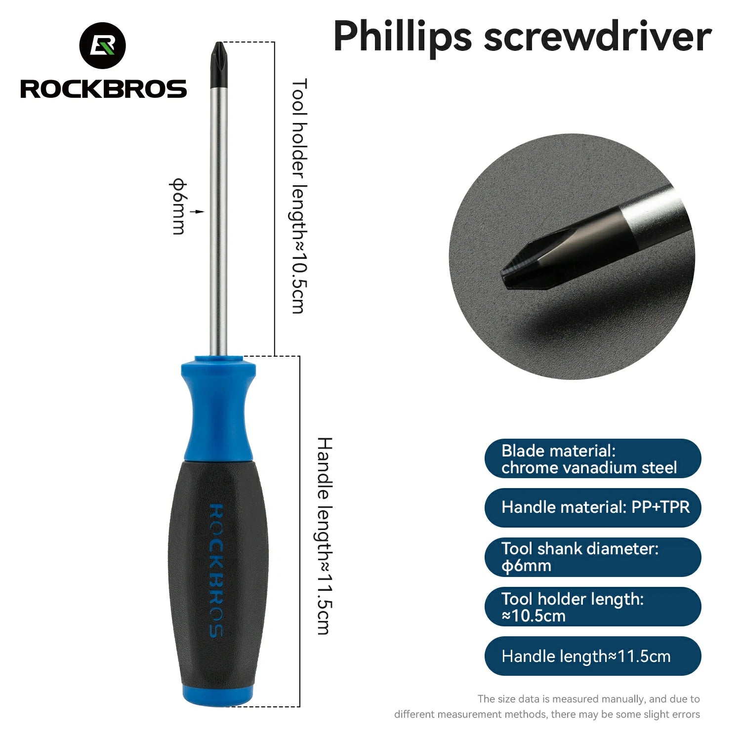 Rockbros Phillips screwdriver with a blue and black handle, shown on a white background with product dimensions, a close-up of the tip, and material specifications.
