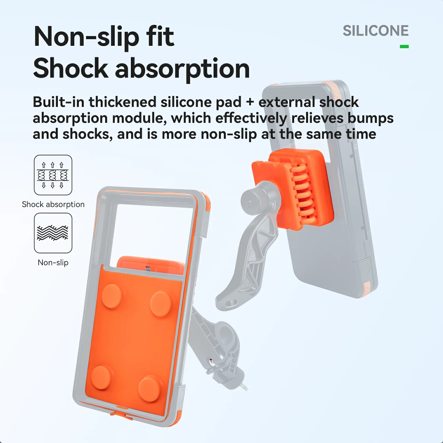 Phone case with silicone pad and shock absorption module on a light gray background