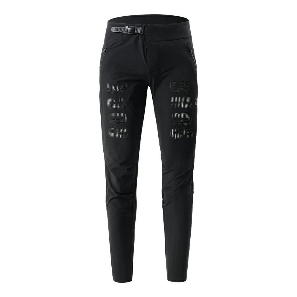 Black athletic pants with a matching black belt, featuring large gray dotted 'ROCKBROS' branding printed vertically on both legs, shown against a plain white background.