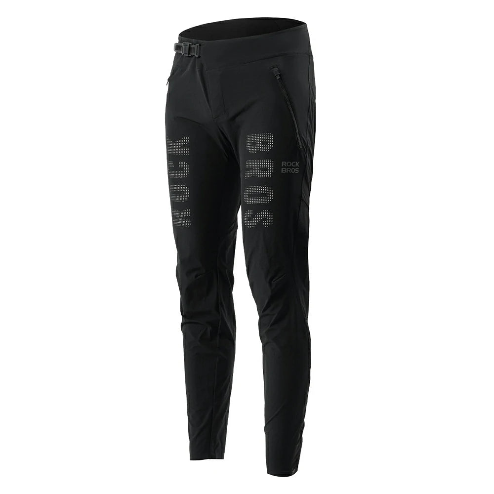Black riding pants with vertical gray 'ROCKBROS' branding on the legs, shown on a plain white background.