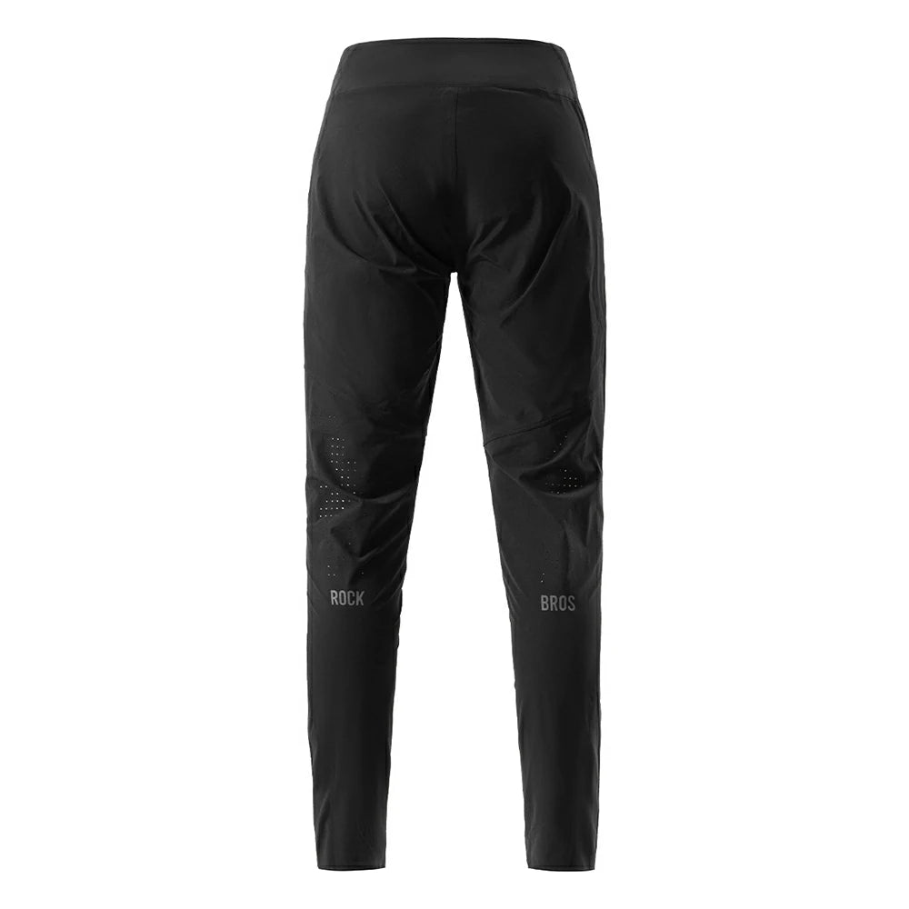 Black athletic pants shown from the back, featuring a high waistband, perforated knee panels, and white 'ROCKBROS' branding near the lower legs, set against a plain white background.