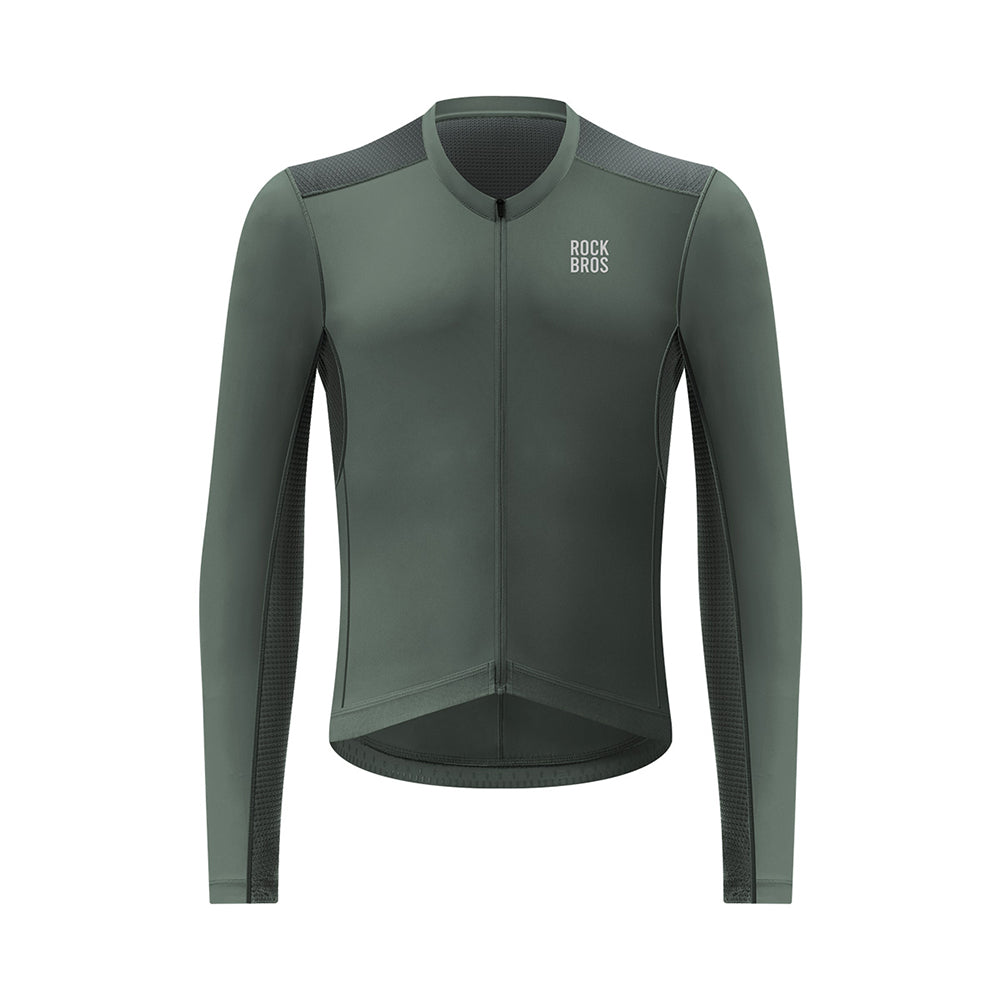 A long-sleeve cycling jersey in dark green with a full front zipper, a stand collar, and a white 'ROCKBROS' logo on the left chest, shown against a plain white background. #Color_Gray