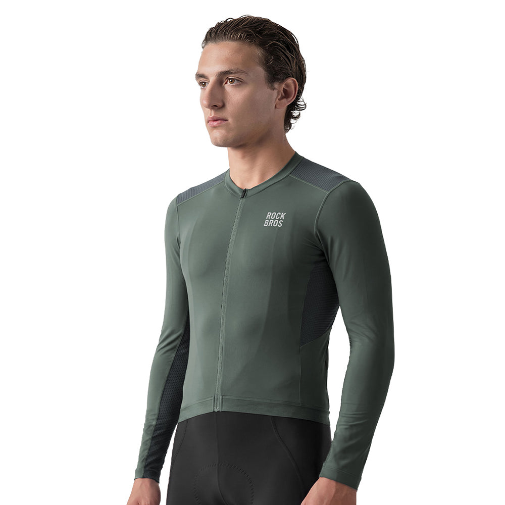 A man wearing a dark green long-sleeve cycling jersey with black side panels and a white 'RICH BUGS' logo on the chest, set against a plain white background. #Color_Gray