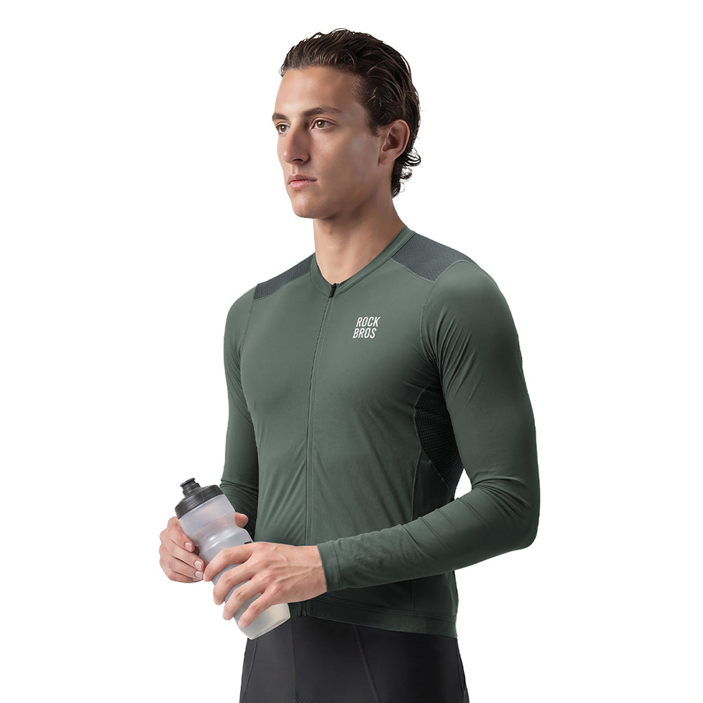 A man wearing a dark green long-sleeve athletic jersey with 'ROCKBROS' printed on the chest, holding a water bottle against a plain white background. #Color_Gray