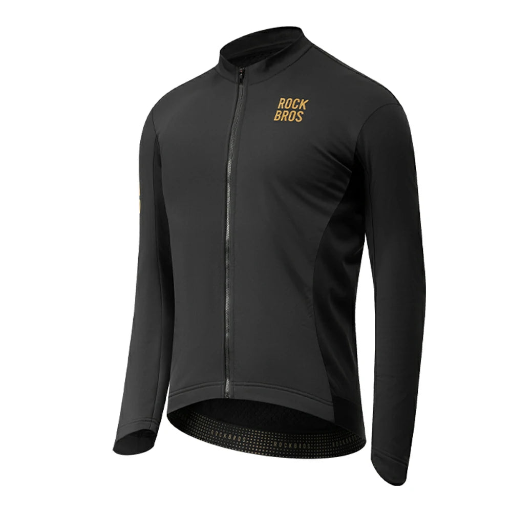 A black long-sleeve cycling jersey with a full zipper and a gold 'ROCKBROS' logo on the left chest, displayed on a clean white background.