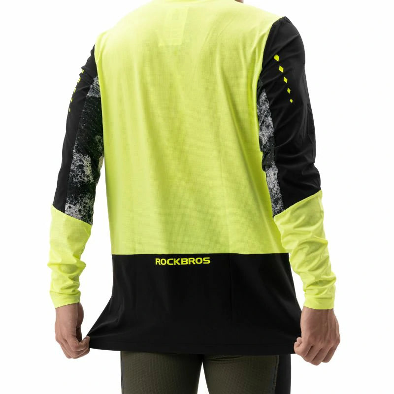 Back view of a black and yellow long-sleeve shirt with 'RockBros' branding on a white background