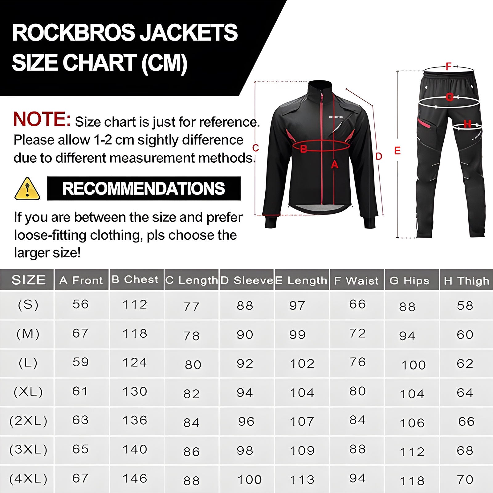 Size chart for Rockbros jackets in centimeters with jacket and pants illustrations.
