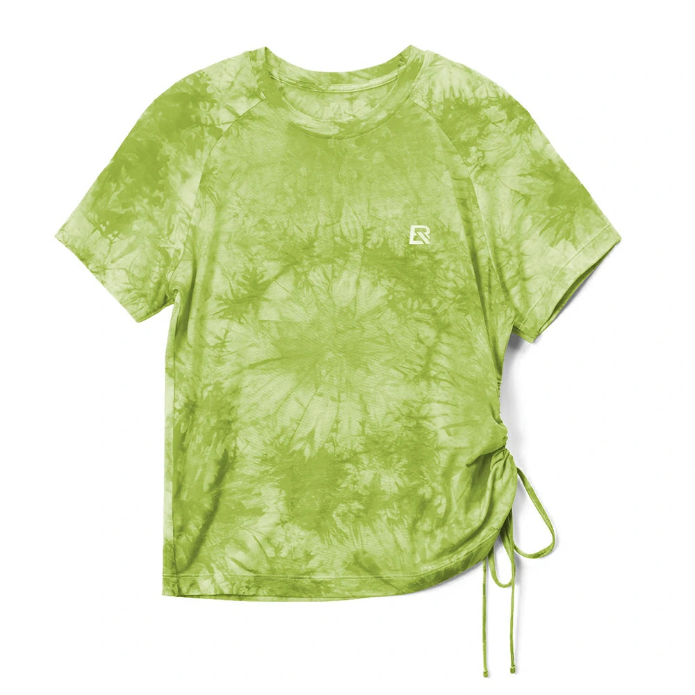 A lime green tie-dye short-sleeve t-shirt with a small white embroidered logo on the left chest and a side drawstring hem, shown flat on a white background. #Color_Green(Women)