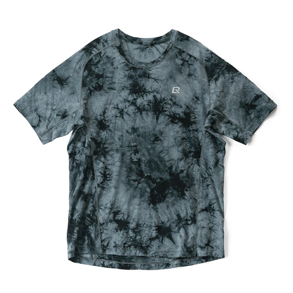 A short-sleeve athletic t-shirt with a dark gray and black tie-dye pattern, featuring a small white stylized 'R' logo on the left chest, laid flat against a white background. #Color_Gray(Men)