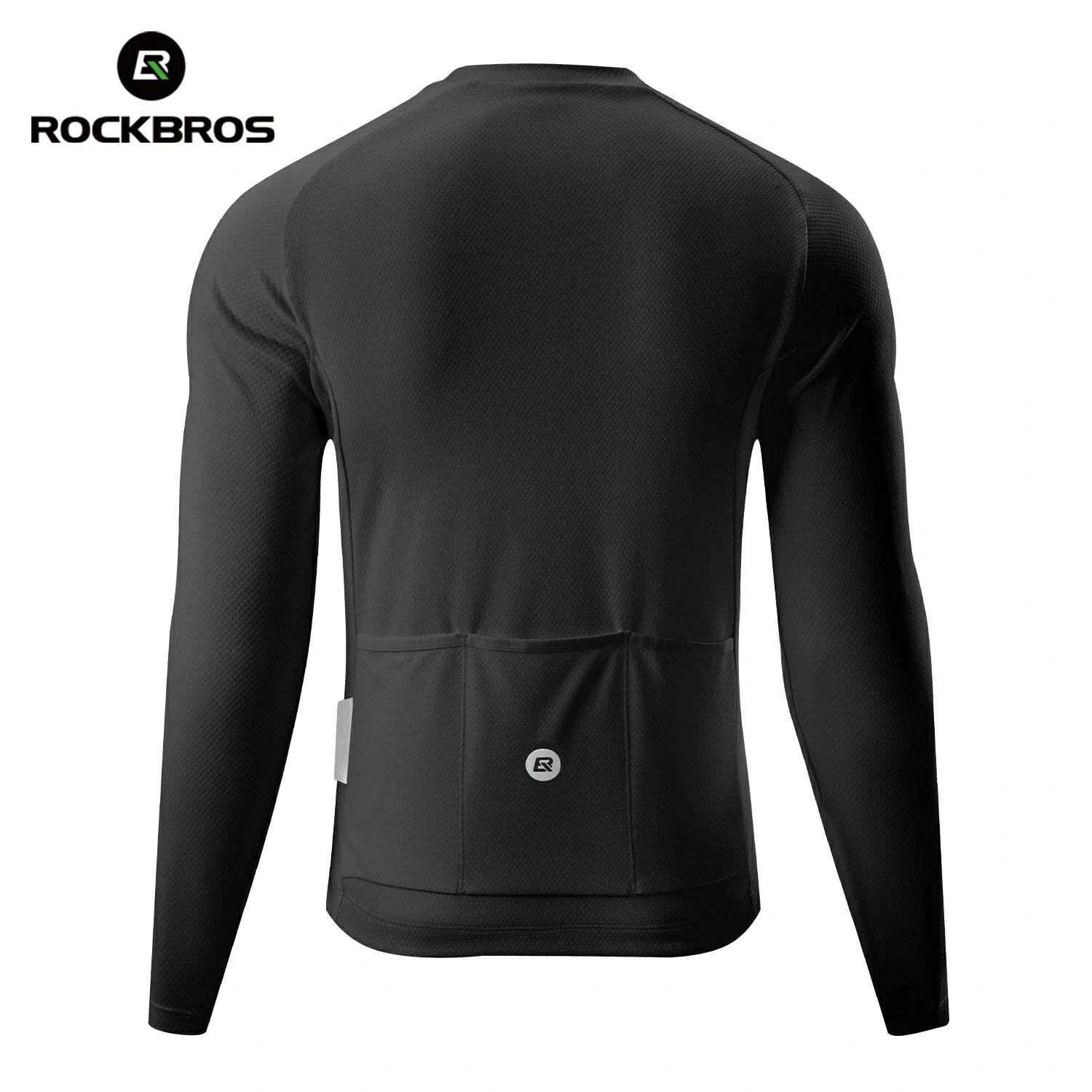 Black long-sleeve athletic shirt with a pocket on a white background, featuring the RockBros brand. #Color_Black