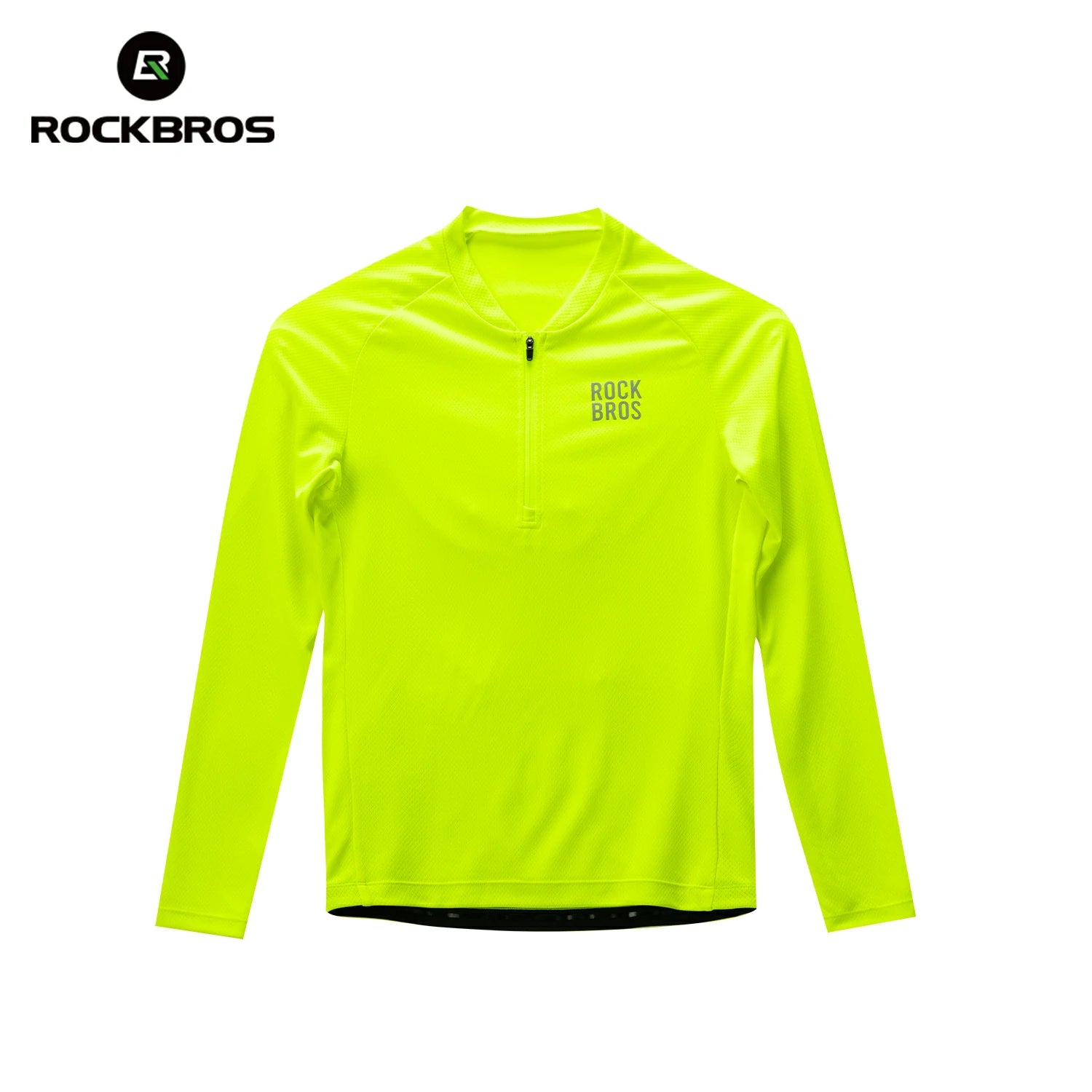 A bright neon yellow-green long-sleeve athletic half-zip top by Rockbros, shown flat against a white background with the brand logo in the top-left corner. #Color_Yellow