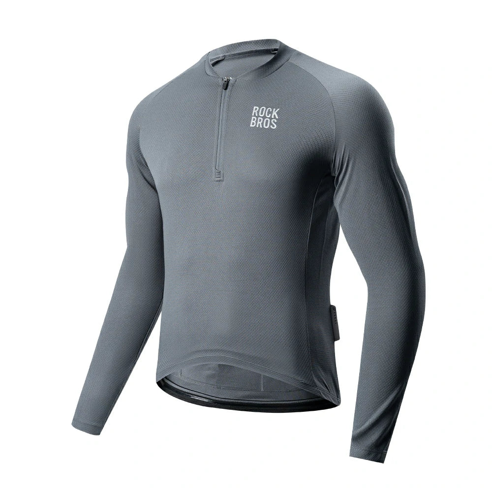 A dark gray long-sleeve athletic quarter-zip shirt with 'ROCKBROS' printed in white on the left chest, displayed on a clean white background. #Color_Gray