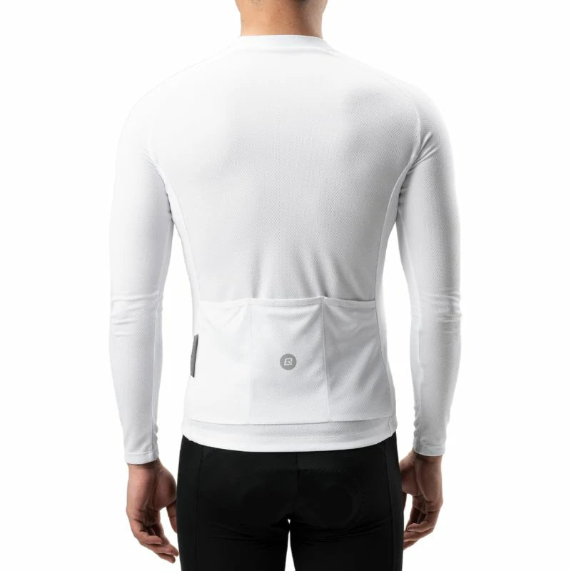 A man viewed from the back wearing a white long-sleeve athletic base layer with a rear pocket and black cycling shorts against a plain white background. #Color_White