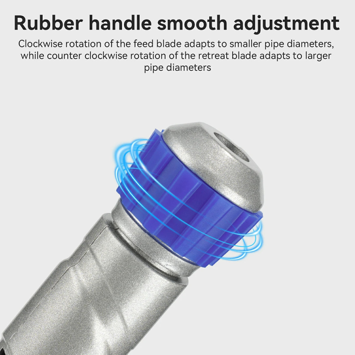 Close-up of a silver and blue adjustable rubber mouthpiece with explanatory text above reading 'Rubber handle smooth adjustment' and a note about clockwise and counter-clockwise rotation adapting to smaller and larger pipe diameters.