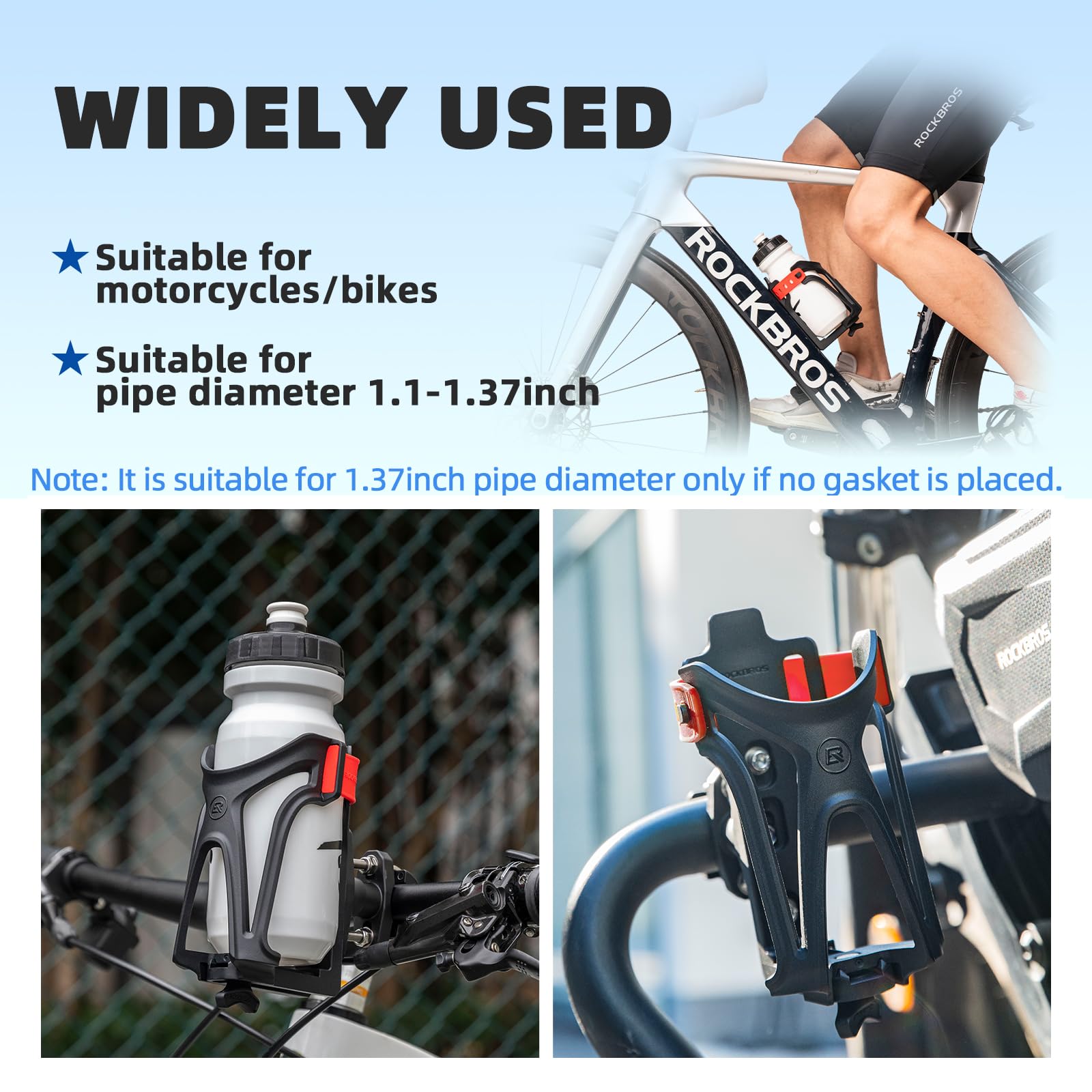 ROCKBROS Adjustable Water Bottle Holder for 2.3-3" Bottles, Bike & Motorcycle Mount