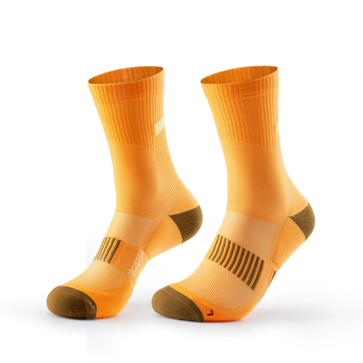 A pair of athletic crew socks in bright orange with brown accents on the toes, heels, and striped arch support zones, displayed on a clean white background. #Color_Orange