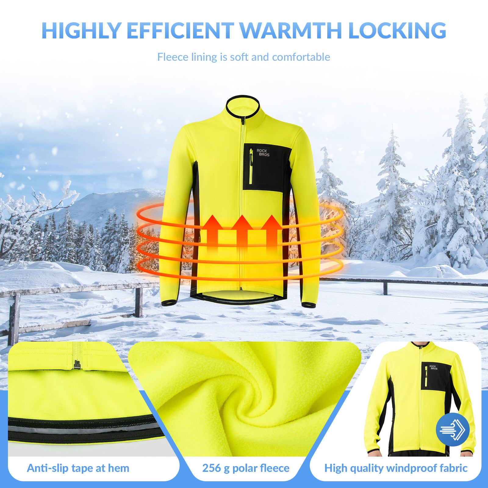 Yellow winter jacket with text highlighting features on a snowy background
