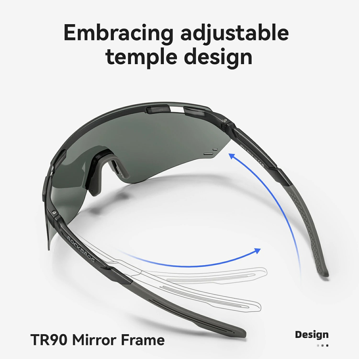Adjustable sports sunglasses with a dark gray temple and mirrored lens, shown with text reading 'Embracing adjustable temple design' and 'TR90 Mirror Frame' on a light gray background.