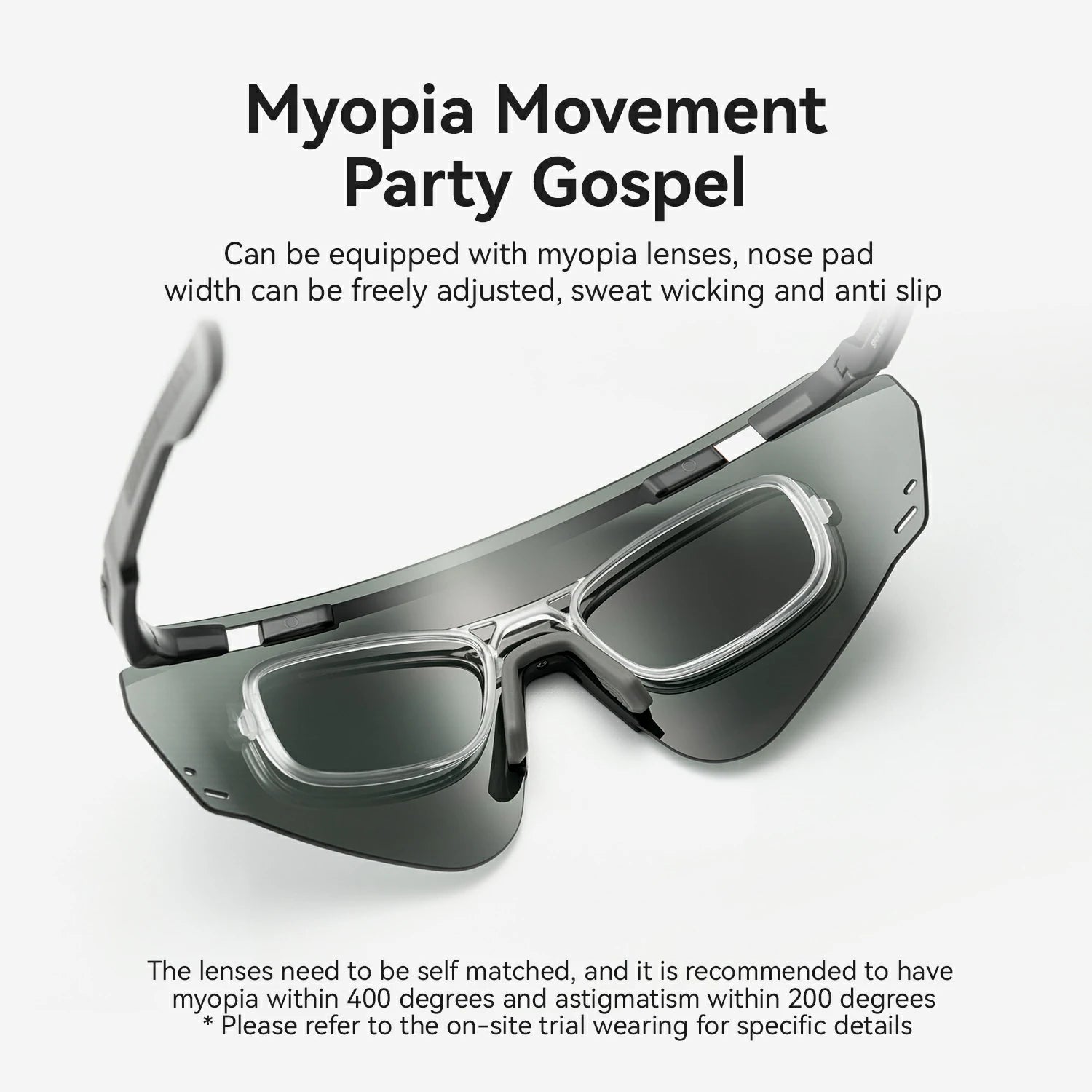 Myopia movement party gospel wrap-around shield sunglasses with dark gray lenses and a clear frame, shown on a light gray background with descriptive text.