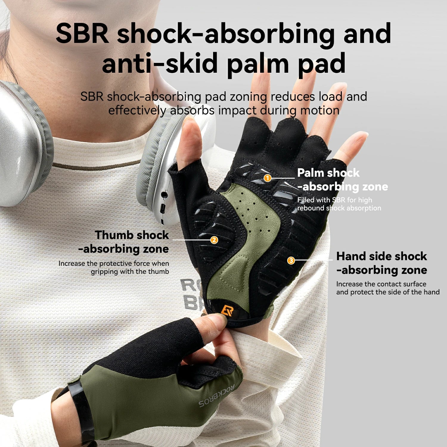 SBR padded palm on ROCKBROS cycling gloves
