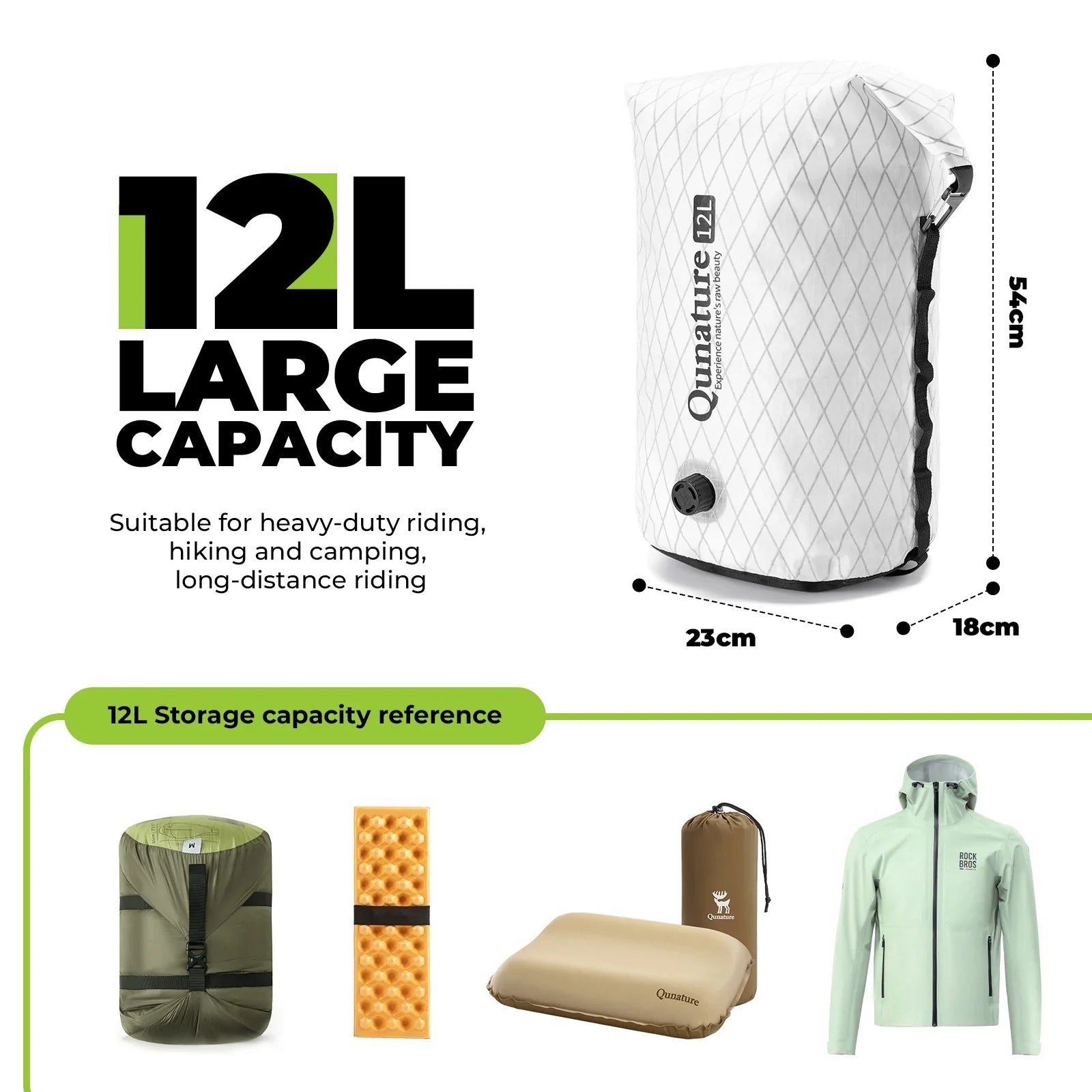 White Qunature bag with dimensions and capacity details, surrounded by reference items.